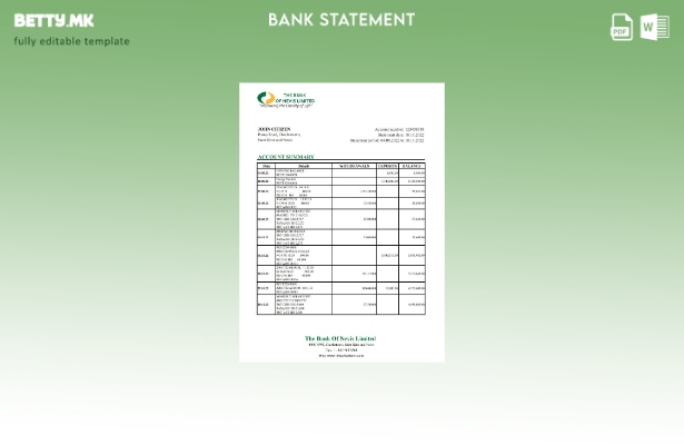 модерен стил Сент Китс и Невис Шаблон ексел за извод од банка на Банката на Неви